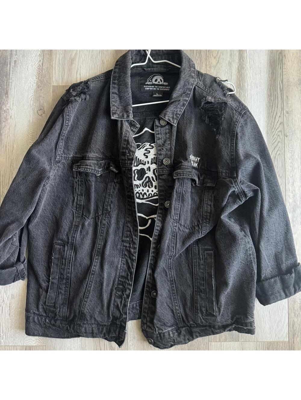 Distressed Black Denim Jacket Skull Rose Graphic Size L Punk Gothic Alt